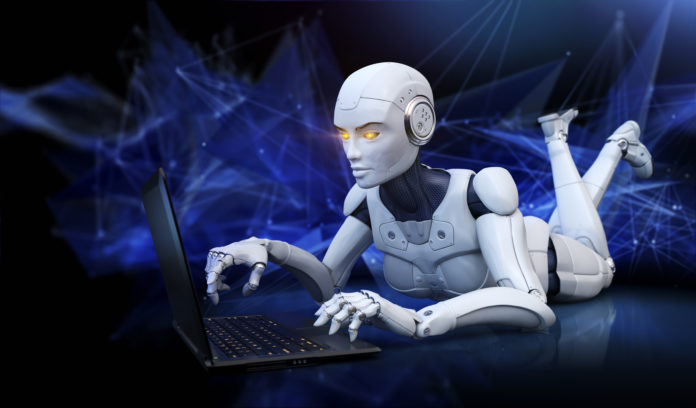 Robot lying on floor and using laptop